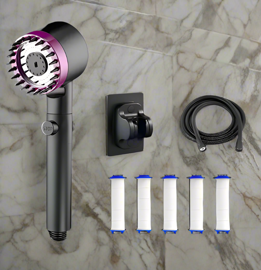 Black/Purple Shower Head + Bracket +  Hose + 5 Filter Cartridges