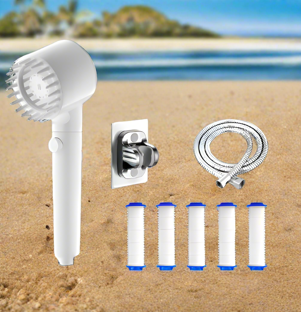 White Shower Head + Bracket +  Hose + 5 Filter Cartridges