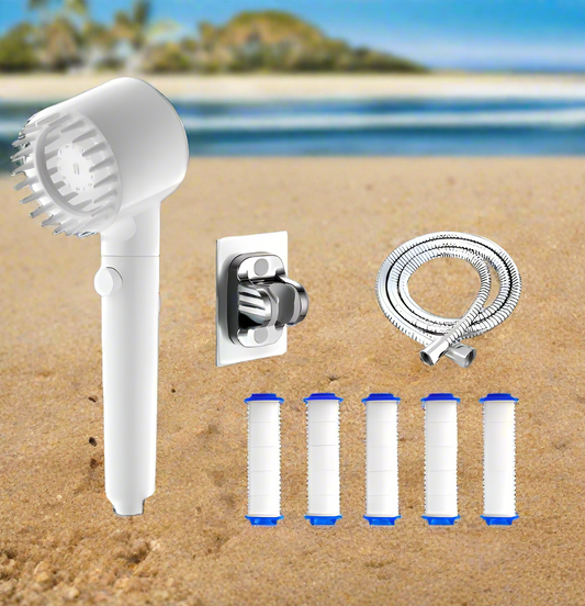 White Shower Head + Bracket +  Hose + 5 Filter Cartridges