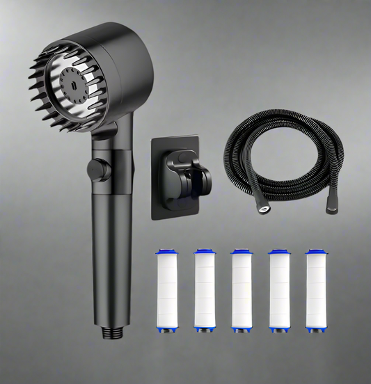 Black Shower Head + Bracket +  Hose + 5 Filter Cartridges