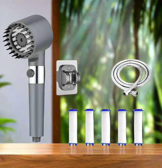 Gray Shower Head + Bracket +  Hose + 5 Filter Cartridges